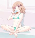  absurdres barefoot bikini blush couch crossed_ankles eating flat_chest food full_body green_bikini hair_ornament hairclip highres indoors kamiki_uutarou light_brown_hair navel on_couch oomuro_sakurako popsicle sitting solo string_bikini swimsuit wavy_hair yuru_yuri 