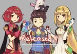  2girls animal black_hair blonde_hair bodysuit breasts brown_hair copyright_name dual_persona fingerless_gloves gloves green_eyes hair_ornament hikari_(xenoblade_2) homura_(xenoblade_2) joy-con long_hair multiple_girls nintendo_switch red_eyes red_hair rex_(xenoblade_2) shadow2810 short_hair simple_background small_breasts smile xenoblade_(series) xenoblade_2 