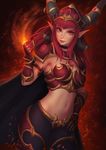  alexstrasza breasts hand_on_hip heroes_of_the_storm horns lips long_hair looking_at_viewer medium_breasts midriff navel personification pointy_ears red_eyes red_hair solo umigraphics warcraft world_of_warcraft 