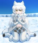  :o absurdres animal_ears arctic_wolf_(kemono_friends) blue_sky boots coat commentary crossed_arms day fang full_body fur-trimmed_boots fur_collar fur_trim hair_between_eyes highres holding kakutasu_(akihiron_cactus) kemono_friends long_hair looking_at_viewer midriff navel outdoors pantyhose plaid plaid_skirt plaid_trim sitting skirt sky snow snowman solo wariza white_coat white_hair white_legwear wolf_ears wolf_girl yellow_eyes 