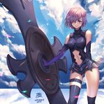  asymmetrical_legwear bare_shoulders cloud commentary day elbow_gloves fate/grand_order fate_(series) gloves hair_over_one_eye lavender_hair mash_kyrielight navel navel_cutout purple_eyes shield signature sky smile solo thigh_strap thighhighs yume_ou 