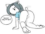  all_fours anus bottomless butt clothed clothing dripping english_text feet female looking_at_viewer looking_back open_mouth presenting presenting_pussy pussy pussy_juice robbonp simple_background solo tailwag tem temmie_(undertale) text toes undertale video_games white_background 