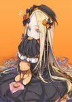  1girl abigail_williams_(fate/grand_order) black_bow black_dress black_hat blonde_hair blue_eyes bow cookie dress eating eyebrows_visible_through_hair eyes_visible_through_hair fate/grand_order fate_(series) food hair_bow hat hong_(white_spider) long_hair long_sleeves looking_at_viewer orange_background orange_bow signature sitting sleeves_past_fingers sleeves_past_wrists solo stuffed_animal stuffed_toy teddy_bear 