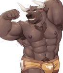  anthro big_muscles bovine briefs bulge clothed clothing hi_res huge_muscles looking_at_viewer male mammal muscular muscular_male navel nipples simple_background solo topless underwear unknown_artist white_background 