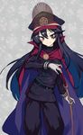  &gt;:) belt black_hair black_jacket black_pants blue_cape cape closed_mouth cowboy_shot eyebrows_visible_through_hair fate_(series) gloves grey_background hair_between_eyes hat highres jacket katana koha-ace kotoribako long_hair long_sleeves looking_at_viewer military military_uniform oda_nobunaga_(fate) pants peaked_cap red_cape red_eyes revision smile solo standing sword uniform v-shaped_eyebrows very_long_hair weapon white_gloves 