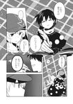  animal_ears book bunny_ears comic doremy_sweet flat_cap greyscale hat highres monochrome multiple_girls nightcap nightgown pom_pom_(clothes) quill ringo_(touhou) shikushiku_(amamori_weekly) shirt short_hair short_sleeves shorts t-shirt touhou translated 