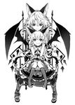  absurdres animal_ears bat_wings boots chair choker closed_mouth commentary_request fang_out flandre_scarlet greyscale hair_between_eyes highres kemonomimi_mode knees_together_feet_apart looking_down miniskirt monochrome multiple_girls no_shoes remilia_scarlet short_sleeves siblings simple_background sisters sitting skirt striped striped_legwear touhou white_background wings wrist_cuffs yutapon 