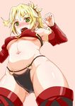  1girl armpits ass_visible_through_thighs bandeau bare_arms belly black_legwear black_panties blonde_hair blush boots breasts breasts_apart commentary_request cowboy_shot crotch detached_sleeves eyebrows_visible_through_hair fate/apocrypha fate/grand_order fate_(series) from_below green_eyes hands_up large_breasts looking_at_viewer looking_down mordred_(fate) mordred_(fate)_(all) navel nose_blush o-ring o-ring_bottom open_mouth panties pink_background ponytail red_bandeau red_legwear robisonjr sidelocks simple_background solo standing stomach thigh_boots thighhighs tsurime underboob underwear v-shaped_eyebrows 