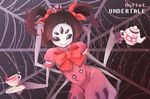  1girl bow extra_arms extra_eyes fangs monster_girl muffet purple_skin ribbon solo spider spider_girl tea teapot twintails undertale 