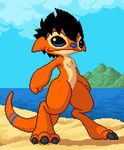  2011 3_toes alien beach black_hair blue_eyes blue_nose chest_tuft claws digital_media_(artwork) disney experiment_(species) fan_character fur hair lilo_and_stitch mountain orange_fur pixel_(artwork) rib_(ribera) ribera sea seaside sky solo standing toe_claws toes tuft water 