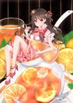  absurdres bangs blush bow bowtie brown_eyes brown_hair closed_mouth crown dress eyebrows_visible_through_hair food fruit hanami_dango_(zzldango) high_heels highres holding ice ice_cube iced_tea in_food long_hair looking_at_viewer mini_crown minigirl orange orange_slice original personification pink_dress pinky_out puffy_short_sleeves puffy_sleeves red_footwear red_neckwear short_sleeves sitting smile solo spoon tea 