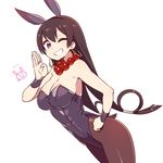  :d alternate_costume animal_ears bangs bare_shoulders blue_leotard breasts brown_hair brown_leotard bunny_ears bunnysuit chan_co cleavage covered_navel cowboy_shot dutch_angle earrings eyebrows_visible_through_hair fake_animal_ears fate/grand_order fate_(series) hairband hand_on_hip hand_up hoop_earrings jewelry large_breasts leotard long_hair looking_at_viewer low_twintails necklace one_eye_closed open_mouth pantyhose purple_eyes simple_background smile solo standing twintails white_background wristband xuanzang_(fate/grand_order) 