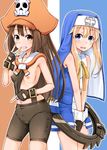  1girl back-to-back bike_shorts blonde_hair blue_eyes breasts bridget_(guilty_gear) brown_eyes brown_hair commentary_request covered_nipples fingerless_gloves gloves guilty_gear guilty_gear_xrd habit hat long_hair may_(guilty_gear) naughty_face navel nipples nun one_breast_out otoko_no_ko pirate_hat ponkotsu sailor_collar small_breasts wrist_cuffs 