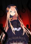  abigail_williams_(fate/grand_order) black_hat blonde_hair bloomers blue_eyes blurry bow closed_mouth commentary_request cowboy_shot depth_of_field dress expressionless eyebrows_visible_through_hair eyes_visible_through_hair fate/grand_order fate_(series) floating_hair from_below hair_bow hat holding holding_stuffed_animal light_particles long_hair long_sleeves looking_at_viewer maru_(maru1625) noose object_hug orange_bow polka_dot polka_dot_bow red_background short_dress sidelocks silhouette sleeves_past_wrists solo standing straight_hair stuffed_animal stuffed_toy teddy_bear underwear very_long_hair white_bloomers 