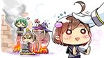  &gt;_&lt; 4girls :3 admiral_(kantai_collection) ahoge animal animal_on_head bird bound brown_hair burning_at_the_stake cauldron cha_(kantai_collection) chibi chick closed_eyes fire hair_ornament hairband hat hiyoko_(kantai_collection) ishidaki kantai_collection long_hair majokko_(kantai_collection) midori_(kantai_collection) multiple_girls nonco nose_bubble on_head petting rashinban_musume school_uniform serafuku short_hair sleeping tied_to_stake tied_up torture triangle_mouth x3 