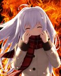  ^_^ ahoge closed_eyes facing_viewer fire haribote_(tarao) irony isla_(plastic_memories) long_hair non-web_source plaid plaid_scarf plastic_memories scarf solo third-party_edit white_hair 