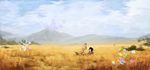  all_fours animal_ears black_hair blonde_hair blue_sky day hat highres kaatoso kaban_(kemono_friends) kemono_friends landscape looking_at_another lying mountain multiple_girls on_back savannah scenery serval_(kemono_friends) serval_ears serval_print serval_tail short_hair sky tail 
