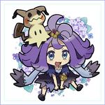  acerola_(pokemon) armlet blue_eyes chibi dress elite_four flipped_hair gen_7_pokemon hair_ornament kingin mimikyu multicolored multicolored_clothes multicolored_dress open_mouth pokemon pokemon_(creature) pokemon_(game) pokemon_sm purple_hair sandals short_hair stitches trial_captain 