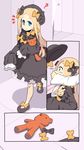  1girl ? abigail_williams_(fate/grand_order) black_bow black_dress black_hat blonde_hair blue_eyes bow comic covering_mouth dress fate/grand_order fate_(series) hair_bow hand_over_another's_mouth hat highres kidnapping litamisu long_hair long_sleeves looking_at_viewer orange_bow silent_comic sleeves_past_fingers sleeves_past_wrists solo_focus stuffed_animal stuffed_toy tears teddy_bear very_long_hair walking 