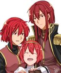  2girls ^_^ brother_and_sister closed_eyes dress fire_emblem fire_emblem:_monshou_no_nazo fire_emblem_heroes gloves hair_between_eyes highres holding_hands long_hair maria_(fire_emblem) minerva_(fire_emblem) misheil_(fire_emblem) multiple_girls open_mouth red_eyes red_hair short_hair siblings sisters smile 