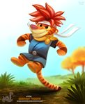  2017 anthro black_eyes bottomless chrono_(chrono_trigger) chrono_trigger clothed clothing cryptid-creations disney english_text feline hair headband mammal outside plant red_hair scar solo square_enix text tiger tigger tree video_games winnie_the_pooh_(franchise) 