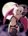  black_gloves blush breasts collarbone demon_girl elbow_gloves garter_belt gloves head_wings kono_subarashii_sekai_ni_shukufuku_wo! looking_at_viewer moon nana-ine navel open_mouth panties red_eyes revealing_clothes shinjin_succubus_(konosuba) short_hair small_breasts succubus thighhighs underwear 