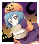  aqua_hair blush brown_eyes child commentary crescent dancing_stars_on_me! doll_hug dress eyebrows frilled_dress frills furutani_kaede gradient gradient_background halloween hat jack-o'-lantern love_live! love_live!_school_idol_project minami_kotori_(bird) open_mouth puffy_short_sleeves puffy_sleeves pumpkin_hat purple_dress seiyuu_connection short_sleeves solo star stuffed_animal stuffed_bird stuffed_toy thick_eyebrows toma_(shinozaki) uchida_aya yuru_yuri 