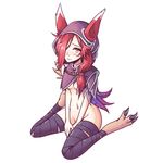  animal_ears bandaged_leg bandages blush breasts chavez facial_mark feathers full_body groin hair_over_one_eye highres hood league_of_legends looking_at_viewer navel red_hair seiza side_ponytail simple_background sitting small_breasts solo talons white_background xayah yellow_eyes 