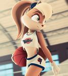  2016 3d_(artwork) anthro ball basketball_(ball) buckteeth clothing depth_of_field digital_media_(artwork) eyelashes female fur gym holding_ball lagomorph lola_bunny looking_back looney_tunes mammal midriff pardok rabbit solo space_jam tan_fur teeth uniform walking warner_brothers watermark white_gloves 