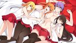  4girls breasts character_request cleavage kurogane_kaikitan large_breasts legs long_hair looking_at_viewer multiple_girls navel on_bed open_clothes open_shirt pantyhose red_skirt short_hair short_skirt skirt v 