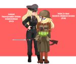  2girls alternate_costume backpack bag bismarck_(kantai_collection) black_coat black_pants blonde_hair blue_eyes blue_hair boots border cigarette commandant_teste_(kantai_collection) commentary_request french_army gun hat helmet highres holding holding_cigarette kantai_collection long_hair military military_hat military_uniform multicolored multicolored_hair multiple_girls nb_(pixiv594732) pants peaked_cap pink_background red_hair rifle streaked_hair title trench_coat uniform weapon wehrmacht white_border white_hair 
