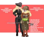  2girls alternate_costume backpack bag bismarck_(kantai_collection) black_coat black_pants blonde_hair blue_eyes blue_hair boots border cigarette commandant_teste_(kantai_collection) commentary_request french_army gun hat helmet highres holding holding_cigarette kantai_collection long_hair military military_hat military_uniform multicolored multicolored_hair multiple_girls nb_(pixiv594732) pants peaked_cap pink_background red_hair rifle streaked_hair title trench_coat uniform weapon wehrmacht white_border white_hair 