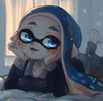  bed blue_eyes blue_hair blush breasts cleavage collared_shirt commentary domino_mask fangs head_on_hand highres inkling kashu_(hizake) long_hair mask medium_breasts pointy_ears shirt smile splatoon_(series) splatoon_2 tentacle_hair 