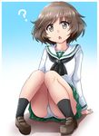  ? akiyama_yukari arm_support bangs black_legwear black_neckwear blouse blue_background brown_eyes brown_footwear brown_hair crotch_seam eyebrows_visible_through_hair full_body girls_und_panzer gradient gradient_background green_skirt kitayama_miuki loafers long_sleeves looking_at_viewer messy_hair miniskirt neckerchief ooarai_school_uniform open_mouth panties pantyshot pantyshot_(sitting) pleated_skirt school_uniform serafuku shadow shoes short_hair sitting skirt socks solo triangle_mouth underwear white_blouse white_panties 