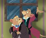  2014 anthro basil_(disney) blush bow_tie clothed clothing david_dawson digital_media_(artwork) disney duo facial_hair hat holding_hat holding_object inside jacket lineless looking_at_another mammal mouse mustache open_mouth open_smile raised_arm robe rodent signature smile the_great_mouse_detective trishabeakens window 