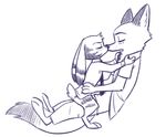 2017 anthro barefoot bottomless canine clothed clothing disney duo ear_markings eyes_closed facial_markings fox fuel_(artist) fur_markings hip_grab jack_savage kissing lagomorph male male/male mammal markings monochrome necktie nick_wilde on_lap purple_and_white rabbit side_view simple_background sitting_on_lap white_background zootopia 