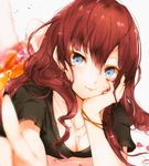  :3 blue_eyes blush breasts chin_rest cleavage earrings highres ichinose_shiki idolmaster idolmaster_cinderella_girls jewelry lips long_hair looking_at_viewer lying medium_breasts nail_polish necklace on_stomach petals pointing pointing_at_viewer red_hair ryuu. solo 
