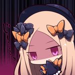  abigail_williams_(fate/grand_order) bangs beni_shake black_bow black_dress black_hat bow commentary_request covering_mouth dress eyebrows_visible_through_hair fate/grand_order fate_(series) hand_to_own_mouth hat long_sleeves looking_at_viewer lowres orange_bow parted_bangs polka_dot polka_dot_bow purple_eyes shaded_face sleeves_past_wrists solo 