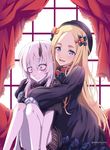  abigail_williams_(fate/grand_order) absurdres artist_name bags_under_eyes black_dress blonde_hair blue_eyes bow bug butterfly constricted_pupils curtains dress eteraito fate_(series) hair_bow hat highres horn hug hug_from_behind insect lavinia_whateley_(fate/grand_order) long_hair multiple_girls orange_bow polka_dot polka_dot_bow silver_eyes sitting very_long_hair white_hair window 