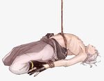  arched_back bare_chest bdsm bondage bound closed_eyes gloves japanese_clothes kneeling male_focus navel nezumi_sion parted_lips partly_fingerless_gloves rope shibari simple_background solo touken_ranbu tsurumaru_kuninaga white_hair 