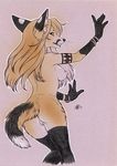  anthro armband bracelet breasts canine claws clothing dancing fangs female gloves_(marking) hair inner_ear_fluff jackal jewelry legwear long_hair looking_at_viewer looking_back mammal markings nekoart nipples nude pussy side_boob solo stockings whiskers 