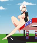  1girl blue_eyes breasts freckles giant giantess ginormica monsters_vs_aliens nipples short_hair sitting smile solo thehumancopier white_hair 