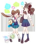  brown_hair closed_eyes double_bun gen_5_pokemon kouri litwick long_hair mei_(pokemon) multiple_girls open_mouth pleated_skirt pokemon pokemon_(creature) pokemon_(game) pokemon_bw pokemon_bw2 ponytail school_uniform shirt skirt smile solosis touko_(pokemon) twintails tympole very_long_hair 