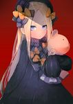  abigail_williams_(fate/grand_order) bangs black_bow black_dress black_hat blonde_hair blue_eyes bow bug butterfly closed_mouth commentary_request dress fate/grand_order fate_(series) hair_bow hanato_(seonoaiko) hat insect long_hair long_sleeves looking_at_viewer object_hug orange_bow parted_bangs polka_dot polka_dot_bow red_background simple_background sleeves_past_wrists solo stuffed_animal stuffed_toy teddy_bear very_long_hair 