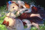  2018 barefoot chinese_zodiac dog flower grass hair_flower hair_ornament hairband happy_new_year hatomame highres long_hair lying new_year on_side original red_skirt skirt white_hair year_of_the_dog 