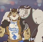  2017 abs anthro clothed clothing clouded_leopard collar dire_bear feline fur hoodie likulau male mammal muscular muscular_male nekojishi nightterror pecs simple_background spots 