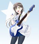  :d bang_dream! black_hair black_legwear dress electric_guitar full_body green_eyes guitar hanazono_tae instrument long_hair looking_at_viewer open_mouth pantyhose plectrum roaru_(gyuren) shorts smile solo standing star white_dress 