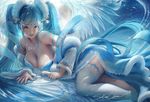  aqua_eyes aqua_hair bell breasts cleavage league_of_legends long_hair sakimichan signed sona_buvelle thighhighs twintails watermark wings 