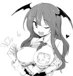  1girl bat_wings bra bra_pull demon_girl demon_wings dress_shirt head_wings kamukamu_(ars) koakuma long_hair monochrome necktie open_clothes open_shirt shirt solo tagme touhou underwear wings 