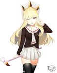  1girl bangs black_legwear black_shirt blonde_hair cagliostro_(granblue_fantasy) cardcaptor_sakura cosplay eyebrows_visible_through_hair fang fuuin_no_tsue granblue_fantasy hairband hat highres kinomoto_sakura kinomoto_sakura_(cosplay) long_hair long_sleeves looking_at_viewer magical_girl one_eye_closed open_mouth pleated_skirt purple_eyes sailor_collar school_uniform seiyuu_connection shirt skirt smile solo spiked_hairband spikes tange_sakura thighhighs tomoeda_elementary_school_uniform v_over_eye white_hat white_sailor_collar white_skirt zettai_ryouiki 